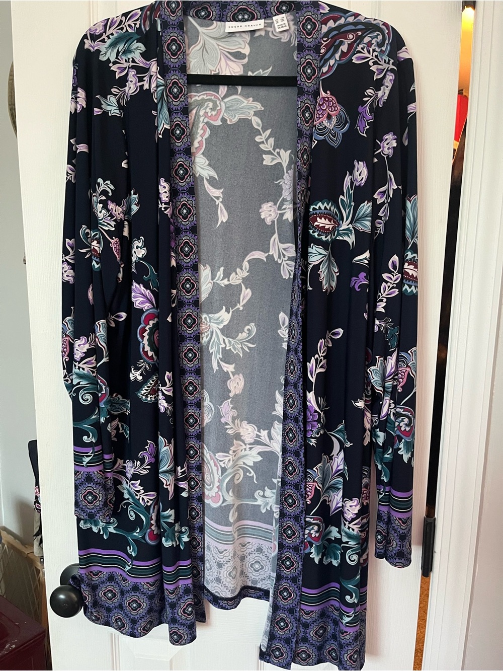 Susan Graver Floral Navy Open Cardigan with Purple & Teal Accents Liquid Knit
